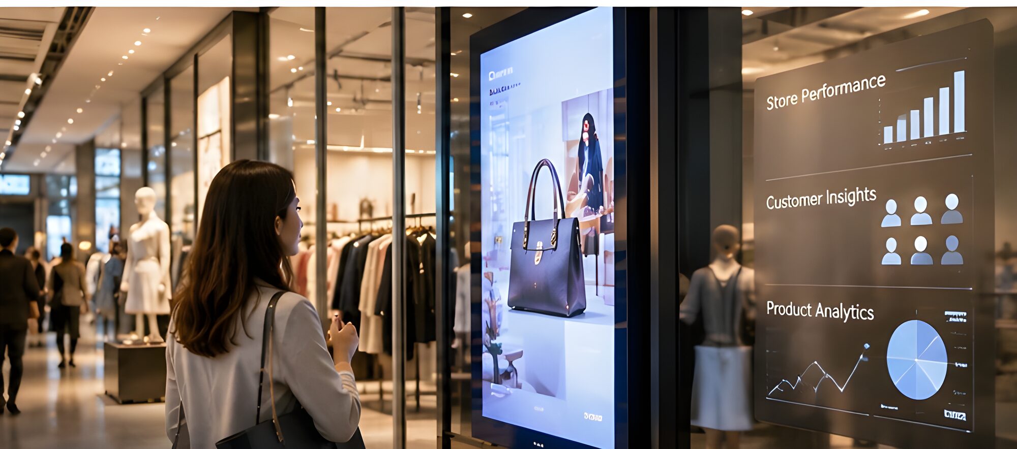 Shopper in a store with digital screens and analytics